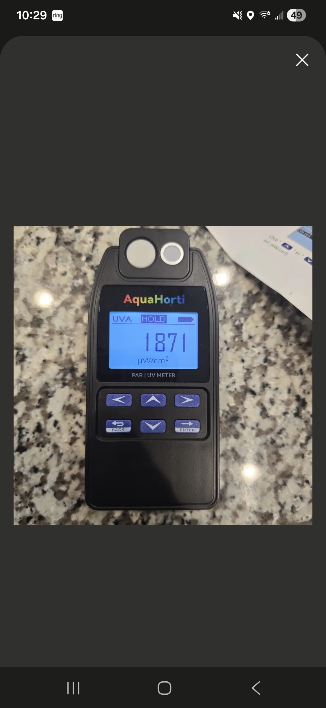 UV meter reading 1871 microwatts per square centimeter UVA